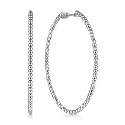 14K White Gold Beaded 60mm Round Classic Hoop Earrings