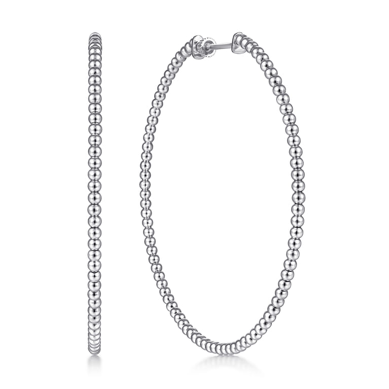 14K White Gold Beaded 60mm Round Classic Hoop Earrings - Shot 1