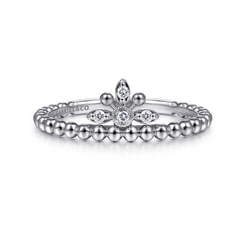 14K White Gold Beaded Diamond Crown Ring