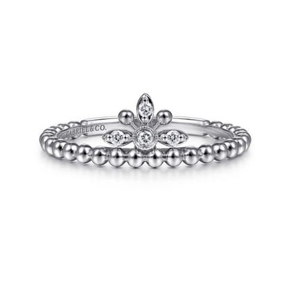 14K White Gold Beaded Diamond Crown Ring