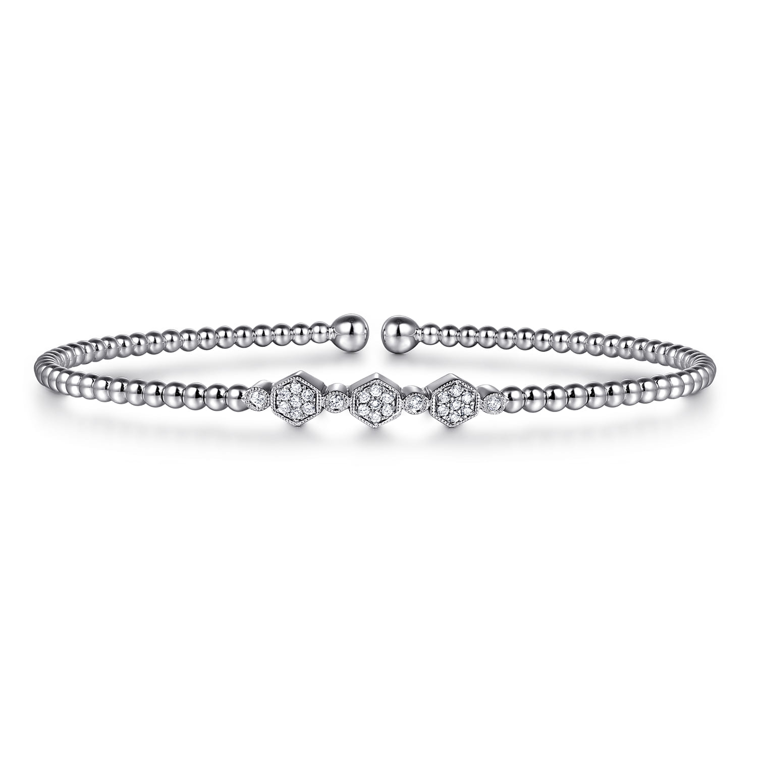 14K White Gold Beaded Diamond Cuff Bangle Bracelet-Bujukan - 0.14 ct - Shot 1