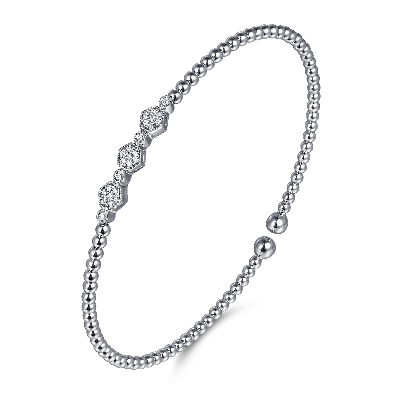 14K White Gold Beaded Diamond Cuff Bangle Bracelet-Bujukan - 0.14 ct - Shot 2