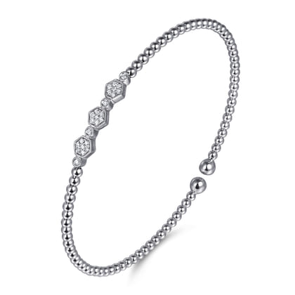 14K White Gold Beaded Diamond Cuff Bangle Bracelet-Bujukan