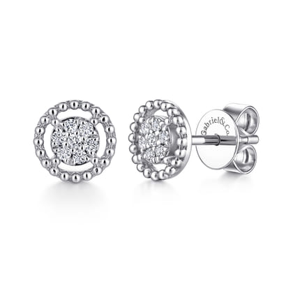 14K White Gold Beaded Halo Diamond Pave Stud Earrings