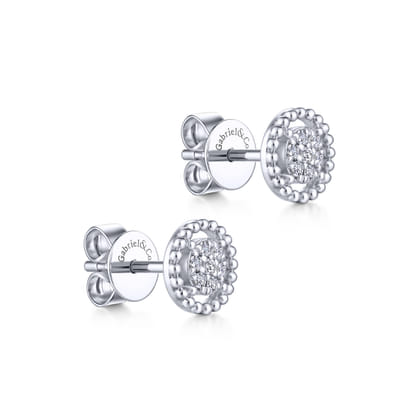 14K White Gold Beaded Halo Diamond Pave Stud Earrings