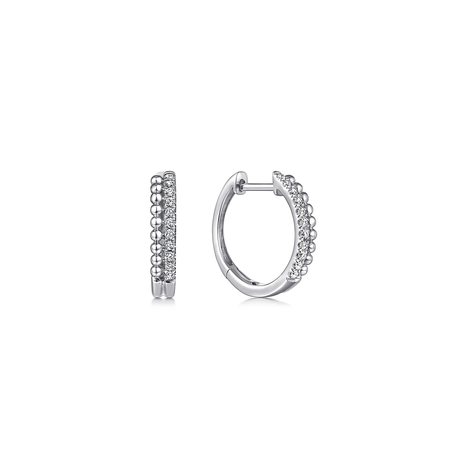 14K White Gold Beaded Pave 10mm Diamond Huggies - 0.11 ct - Shot 1