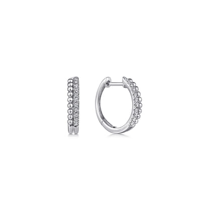 14K White Gold Beaded Pave 10mm Diamond Huggies