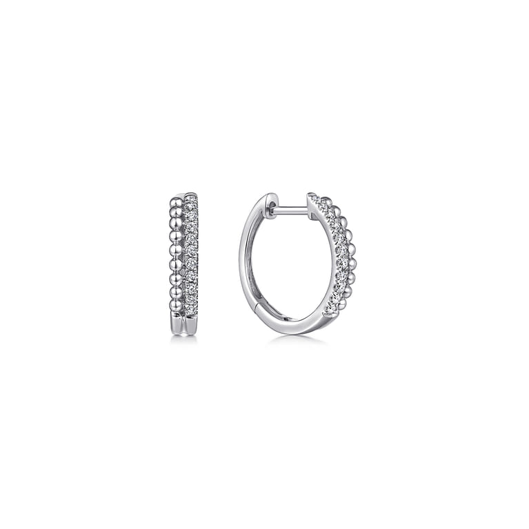 14K White Gold Beaded Pave 10mm Diamond Huggies - 0.11 ct - Shot 1