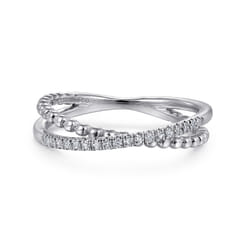 14K White Gold Beaded Pave Diamond Criss Cross Ring