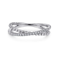 14K White Gold Beaded Pave Diamond Criss Cross Ring