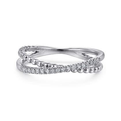 14K White Gold Beaded Pave Diamond Criss Cross Ring