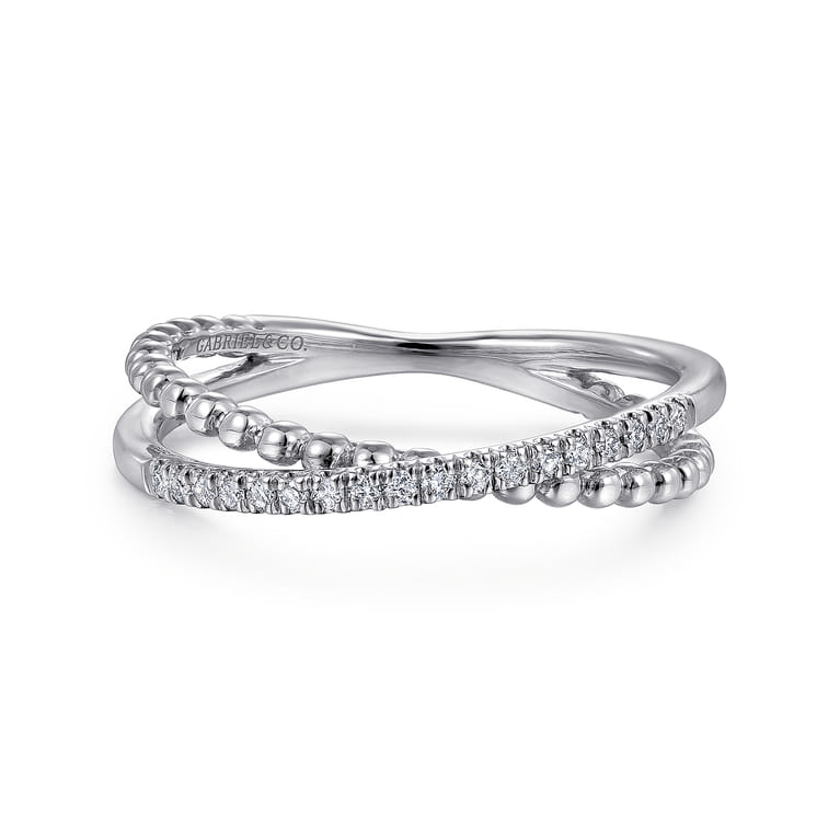 14K White Gold Beaded Pave Diamond Criss Cross Ring - 0.09 ct - Shot 1