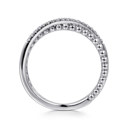 14K White Gold Beaded Pave Diamond Criss Cross Ring