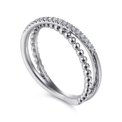 14K White Gold Beaded Pave Diamond Criss Cross Ring