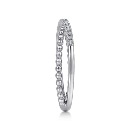 14K White Gold Beaded Pave Diamond Criss Cross Ring
