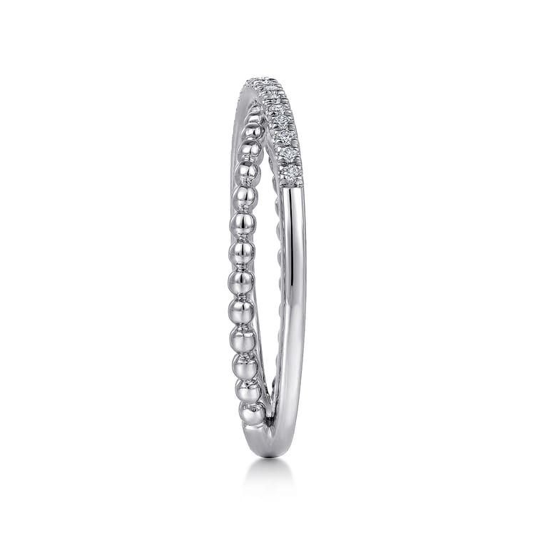 14K White Gold Beaded Pave Diamond Criss Cross Ring