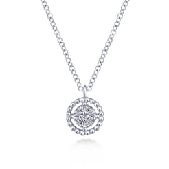 14K White Gold Beaded Round Floating Diamond Pendant Necklace
