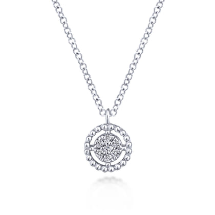 14K White Gold Beaded Round Floating Diamond Pendant Necklace