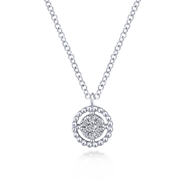 14K White Gold Beaded Round Floating Diamond Pendant Necklace - 0.05 ct - Shot 1