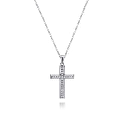 14K White Gold Beveled Diamond Cross Pendant Necklace