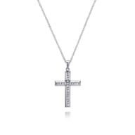 14K White Gold Beveled Diamond Cross Pendant Necklace