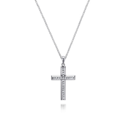 14K White Gold Beveled Diamond Cross Pendant Necklace