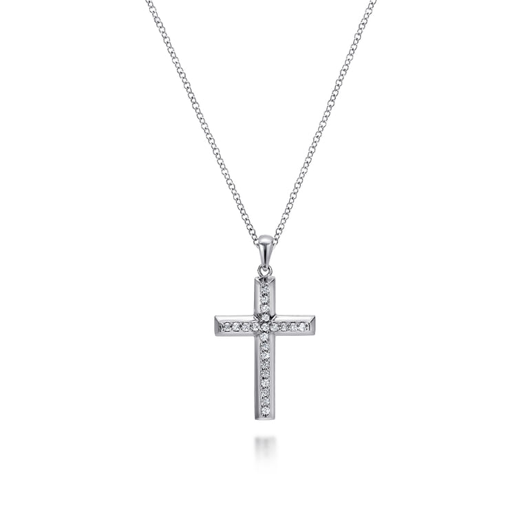 14K White Gold Beveled Diamond Cross Pendant Necklace - 0.15 ct - Shot 1