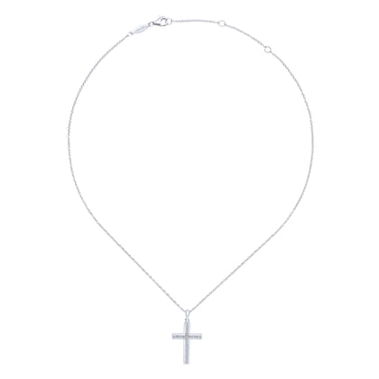 14K White Gold Beveled Diamond Cross Pendant Necklace
