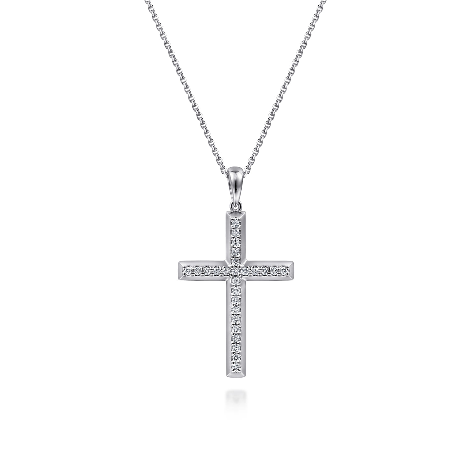 14K White Gold Beveled Pave Diamond Cross Necklace - 0.2 ct - Shot 1