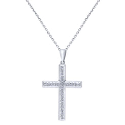 14K White Gold Beveled Pavé Diamond Cross Necklace