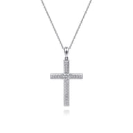 14K White Gold Beveled Pave Diamond Cross Necklace