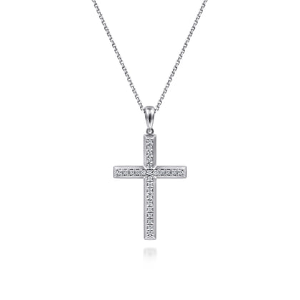 14K White Gold Beveled Pave Diamond Cross Necklace