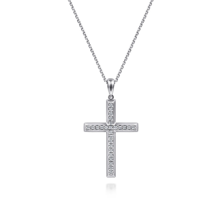 14K White Gold Beveled Pave Diamond Cross Necklace - 0.2 ct - Shot 1