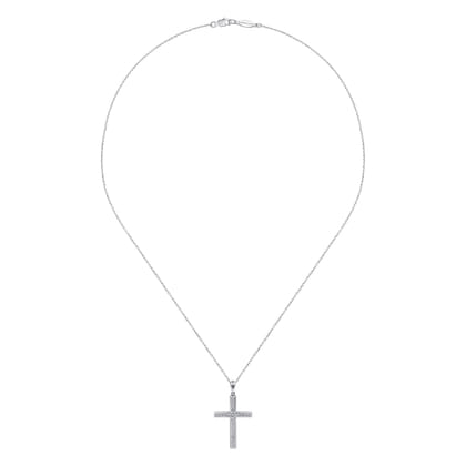 14K White Gold Beveled Pave Diamond Cross Necklace