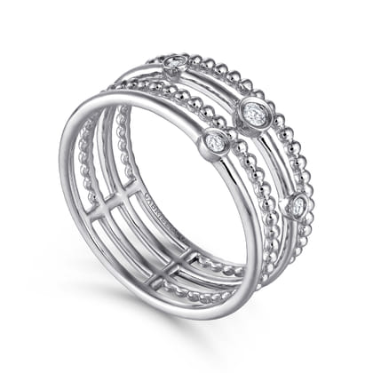 14K White Gold Bezel Set Diamond Station Layered Ring