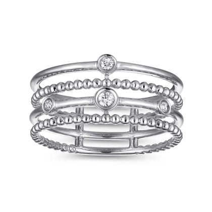 14K White Gold Bezel Set Diamond Station Layered Ring