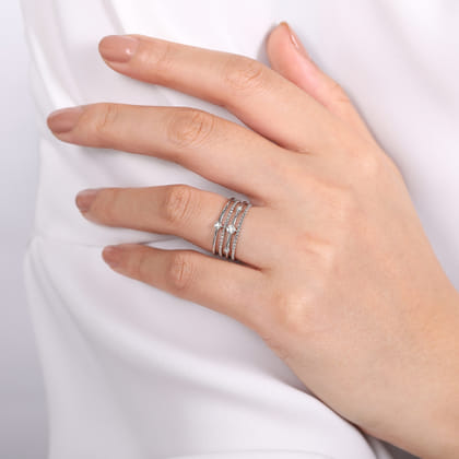 14K White Gold Bezel Set Diamond Station Layered Ring