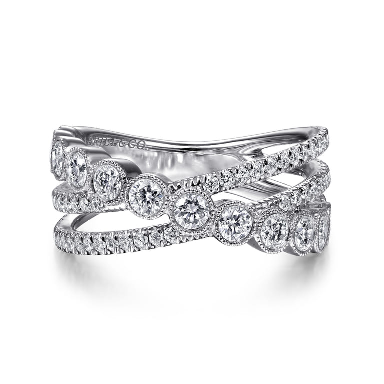 14K White Gold Bezel and Prong Set Criss Cross Diamond Ring - 1.05 ct - Shot 1