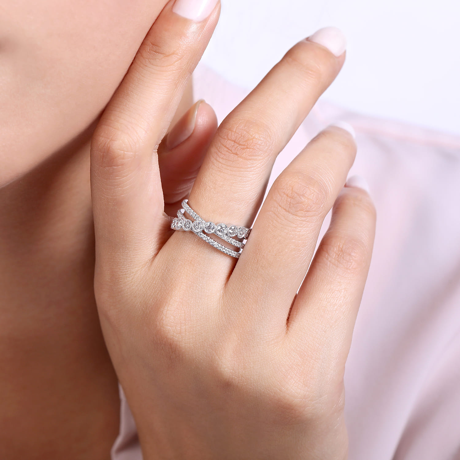 14K White Gold Bezel and Prong Set Criss Cross Diamond Ring - 1.05 ct - Shot 5