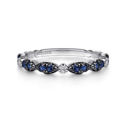 14K White Gold Black Rhodium Diamond and Blue Sapphire Stackable Ladies Ring