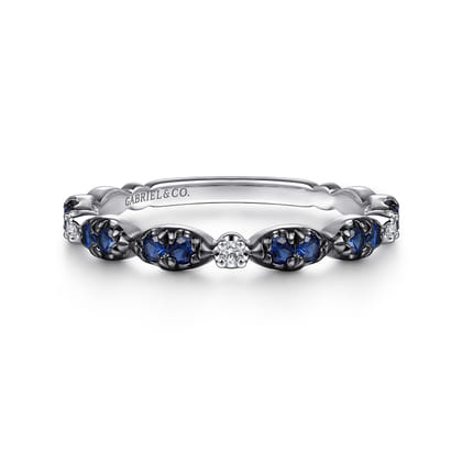 14K White Gold Black Rhodium Diamond and Blue Sapphire Stackable Ladies Ring