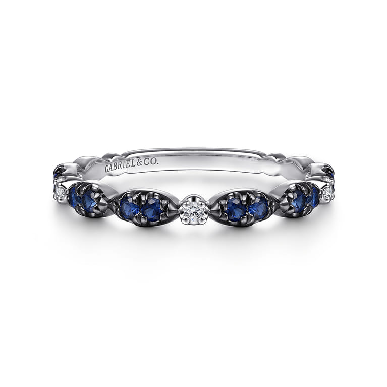 14K White Gold Black Rhodium Diamond and Blue Sapphire Stackable Ladies Ring - 0.03 ct - Shot 1