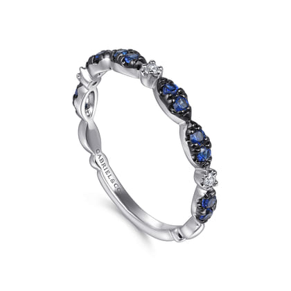 14K White Gold Black Rhodium Diamond and Blue Sapphire Stackable Ladies Ring