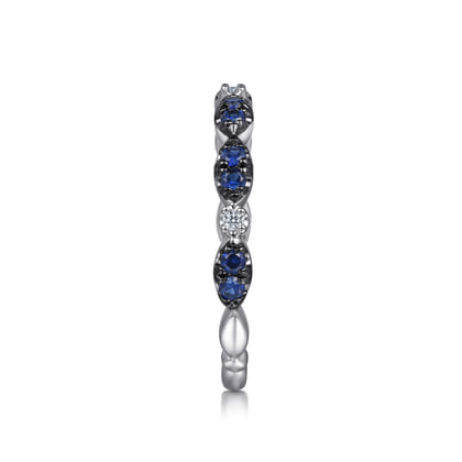14K White Gold Black Rhodium Diamond and Blue Sapphire Stackable Ladies Ring