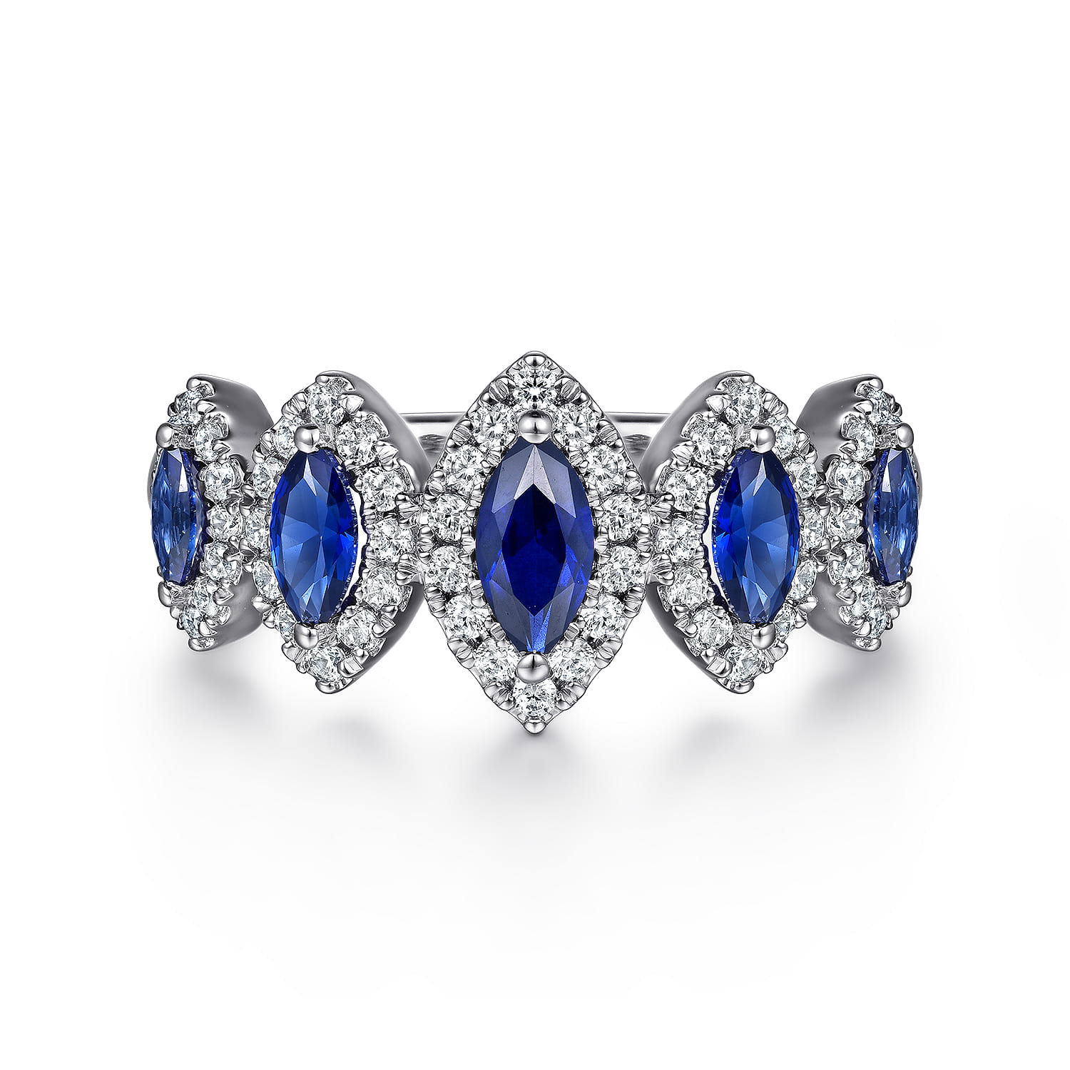 14K White Gold Blue Sapphire and Diamond Halo Marquise Ladies Ring - 0.35 ct - Shot 1