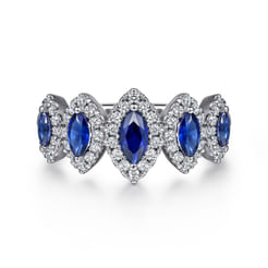 14K White Gold Blue Sapphire and Diamond Halo Marquise Ladies Ring