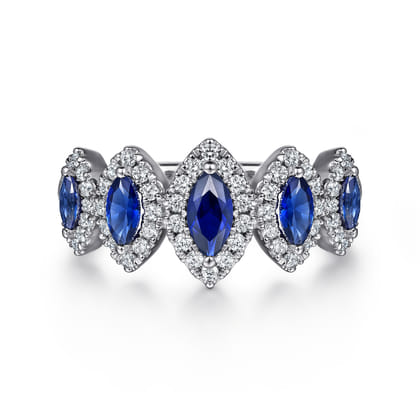 14K White Gold Blue Sapphire and Diamond Halo Marquise Ladies Ring