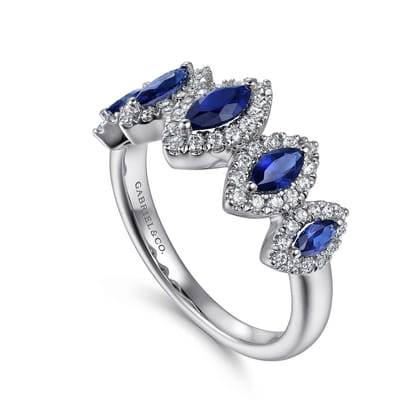 14K White Gold Blue Sapphire and Diamond Halo Marquise Ladies Ring