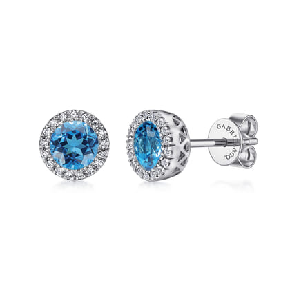 14K White Gold Blue Topaz and Diamond Halo Stud Earrings