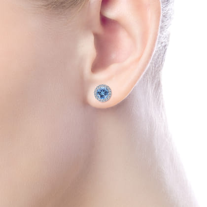 14K White Gold Blue Topaz and Diamond Halo Stud Earrings